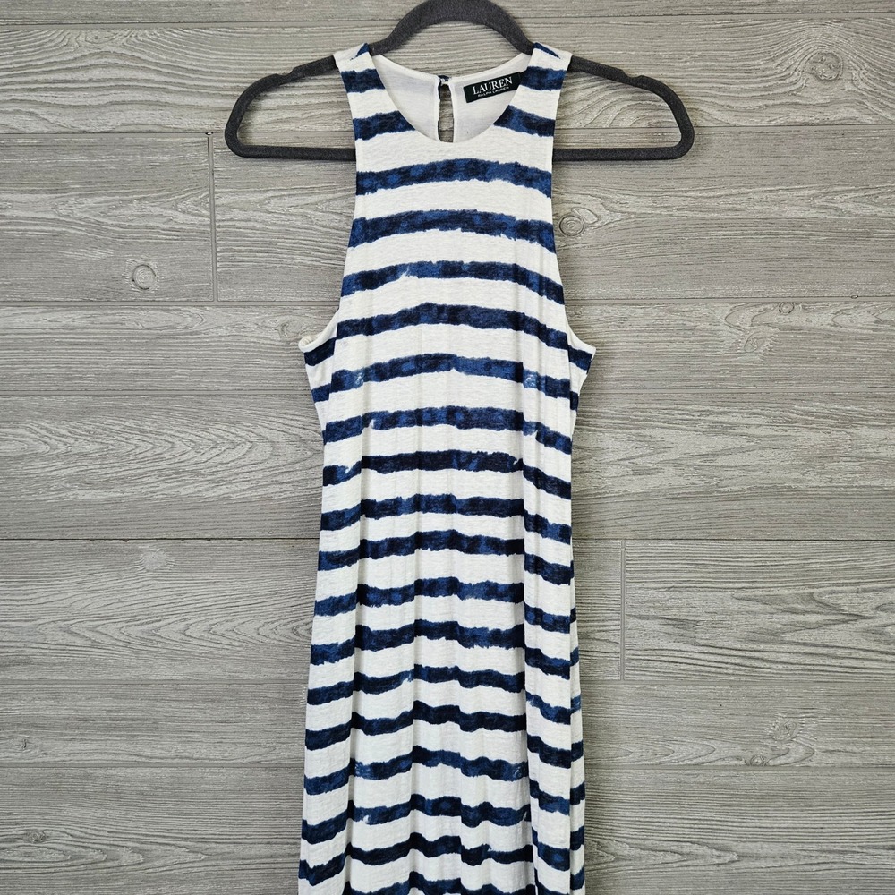 Lauren Ralph Lauren Navy White Striped Linen Maxi Dress Womens Medium Sundress - Picture 3 of 10